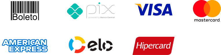 Formas de pagamento: PIX, Visa, Mastercard, American Express, Elo, Hipercard